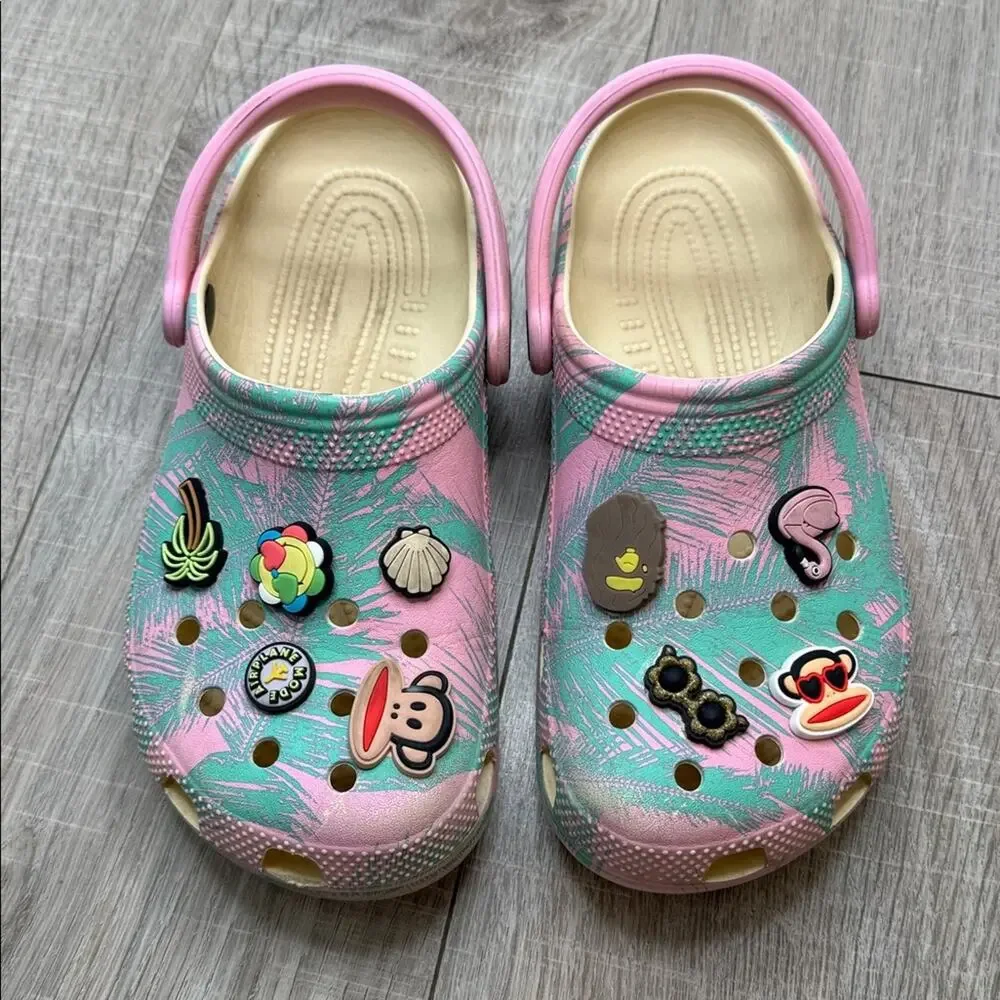 CROCS Kids Pink and Green Water Shoes with Charms